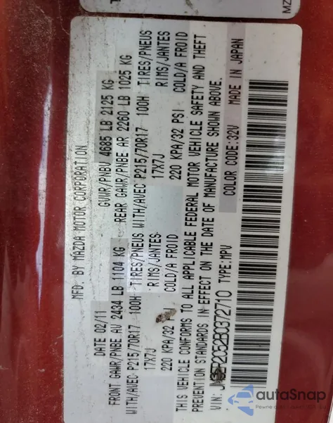 2011 Mazda Cx-7 из США, поврежденный, VIN JM3ER2C52B0372710